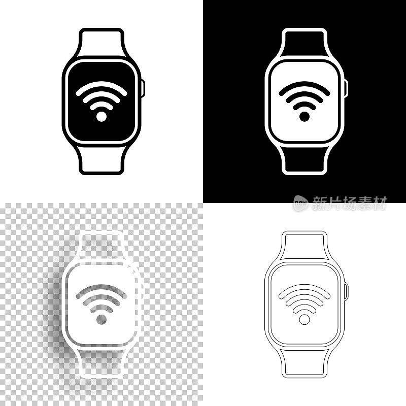 Smartwatch wifi。图标设计。空白，白色和黑色背景-线图标